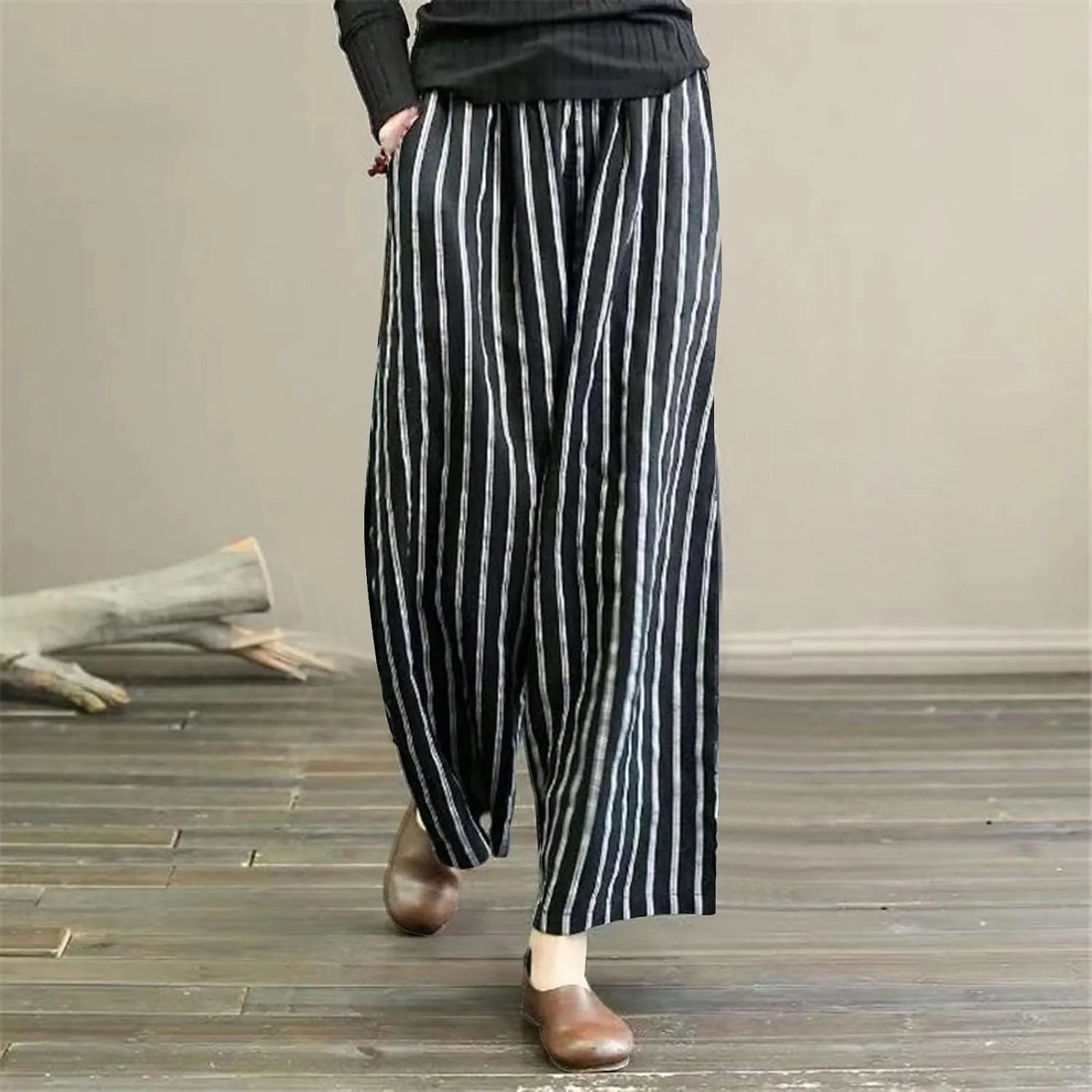 Women's Wide Leg Palazzo Pants Summer Casual Elastic Waist Capri Trousers Comfy Fashion Y2k Stripe Straight Leg Pants