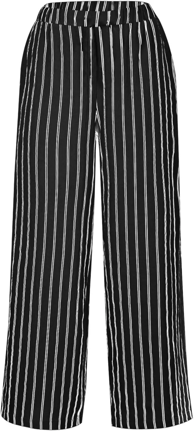 Women's Wide Leg Palazzo Pants Summer Casual Elastic Waist Capri Trousers Comfy Fashion Y2k Stripe Straight Leg Pants