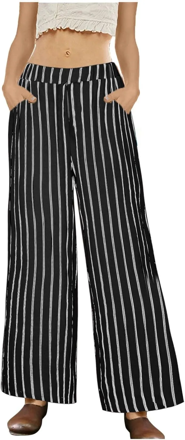 Women's Wide Leg Palazzo Pants Summer Casual Elastic Waist Capri Trousers Comfy Fashion Y2k Stripe Straight Leg Pants