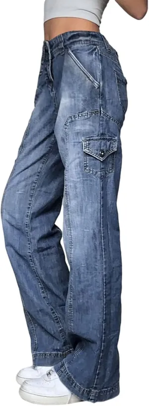 Y2k Baggy Jeans for Women Low Waist Wide Leg Denim Jeans Casual Cargo Pants Harajuku Pockets Trousers Streetwear