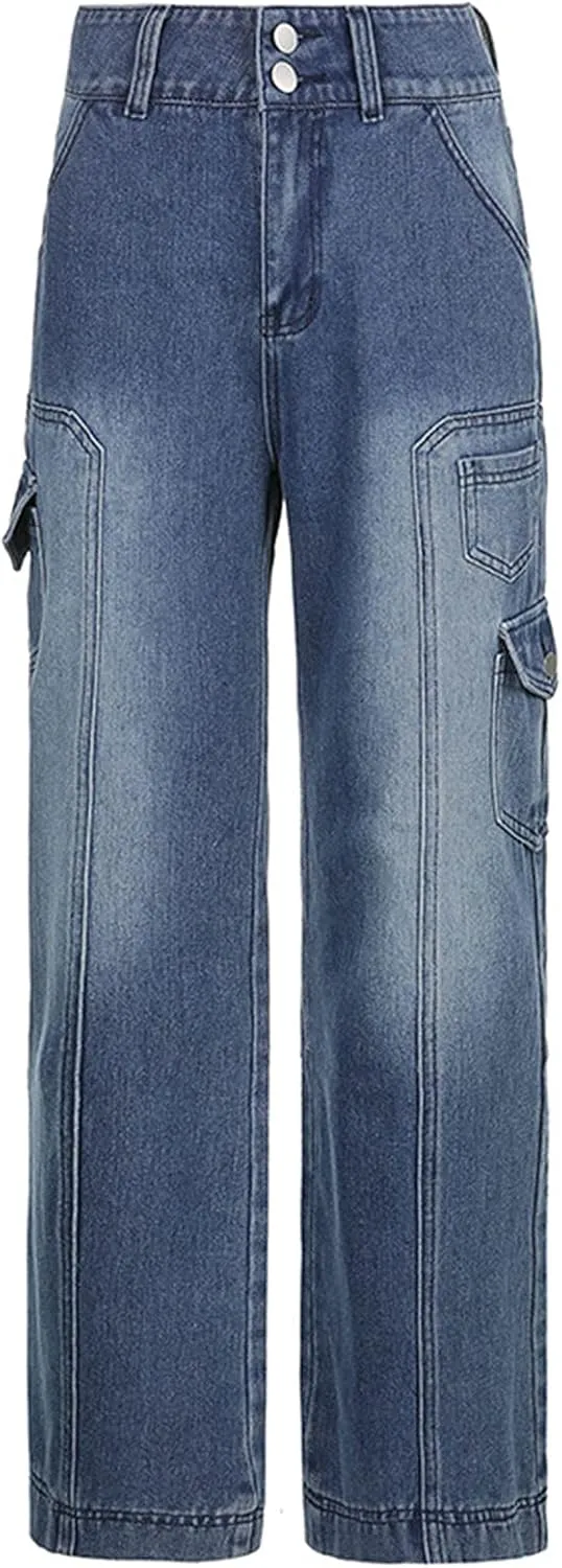 Y2k Baggy Jeans for Women Low Waist Wide Leg Denim Jeans Casual Cargo Pants Harajuku Pockets Trousers Streetwear