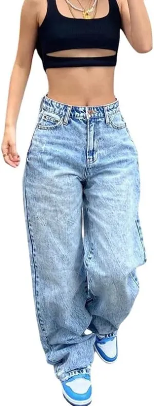 Y2k Baggy Jeans for Women Low Waist Wide Leg Denim Jeans Casual Cargo Pants Harajuku Pockets Trousers Streetwear