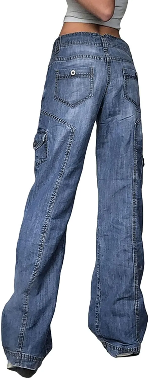 Y2k Baggy Jeans for Women Low Waist Wide Leg Denim Jeans Casual Cargo Pants Harajuku Pockets Trousers Streetwear