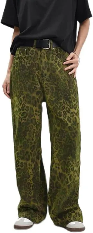 Y2k Leopard Pants Wide Leg Jeans Woman Loose Fit Jeans Hip Hop Pants Vintage Baggy Trousers with Pockets