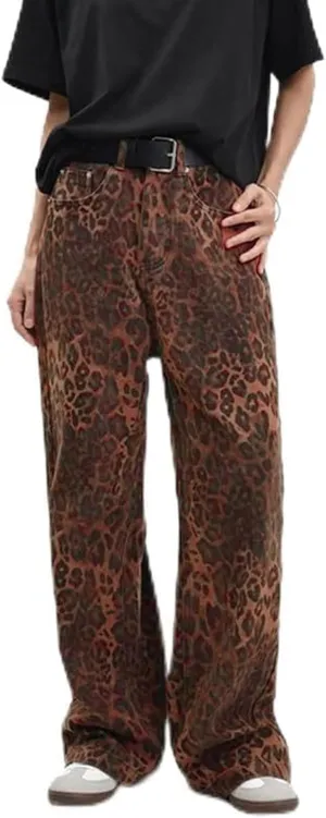 Y2k Leopard Pants Wide Leg Jeans Woman Loose Fit Jeans Hip Hop Pants Vintage Baggy Trousers with Pockets