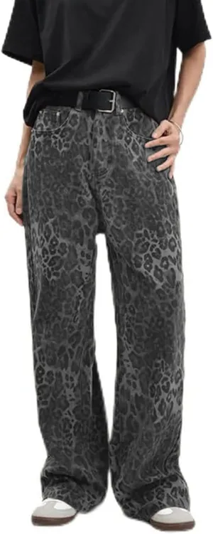 Y2k Leopard Pants Wide Leg Jeans Woman Loose Fit Jeans Hip Hop Pants Vintage Baggy Trousers with Pockets