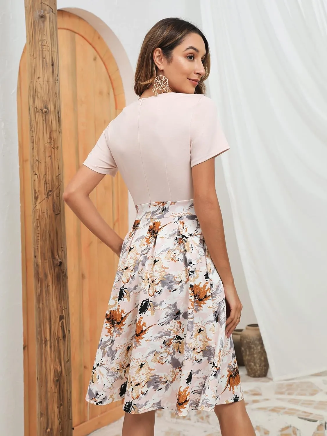 YATHON Women's Vintage Floral Flared A-Line Swing Casual Party Dresses with Pockets