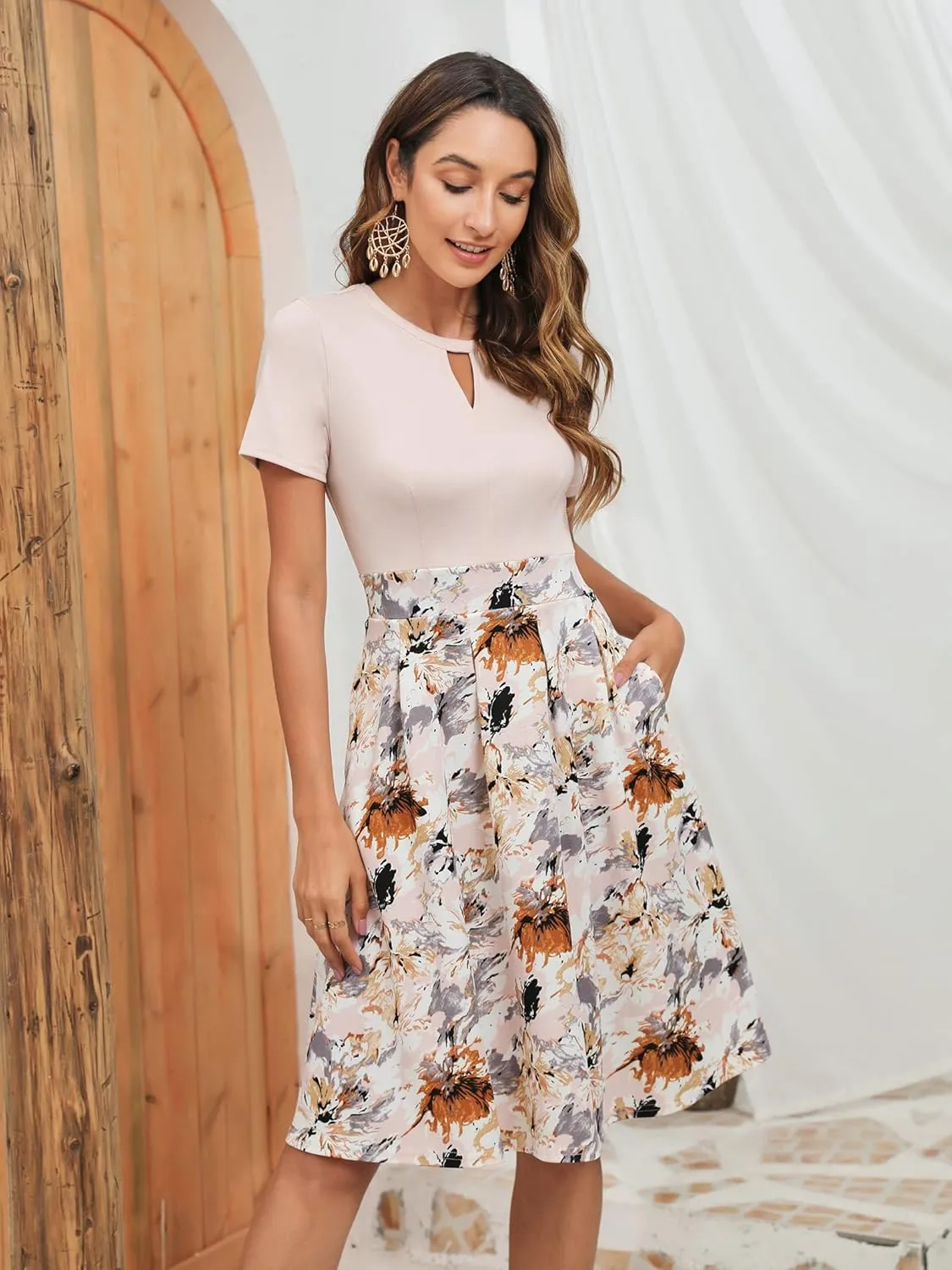 YATHON Women's Vintage Floral Flared A-Line Swing Casual Party Dresses with Pockets