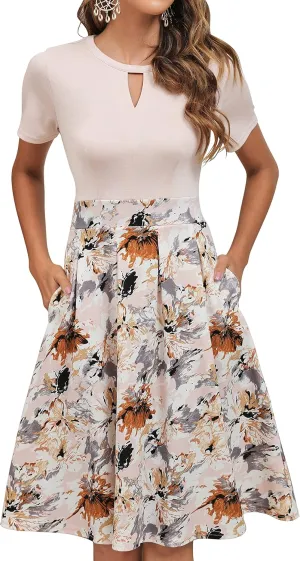 YATHON Women's Vintage Floral Flared A-Line Swing Casual Party Dresses with Pockets