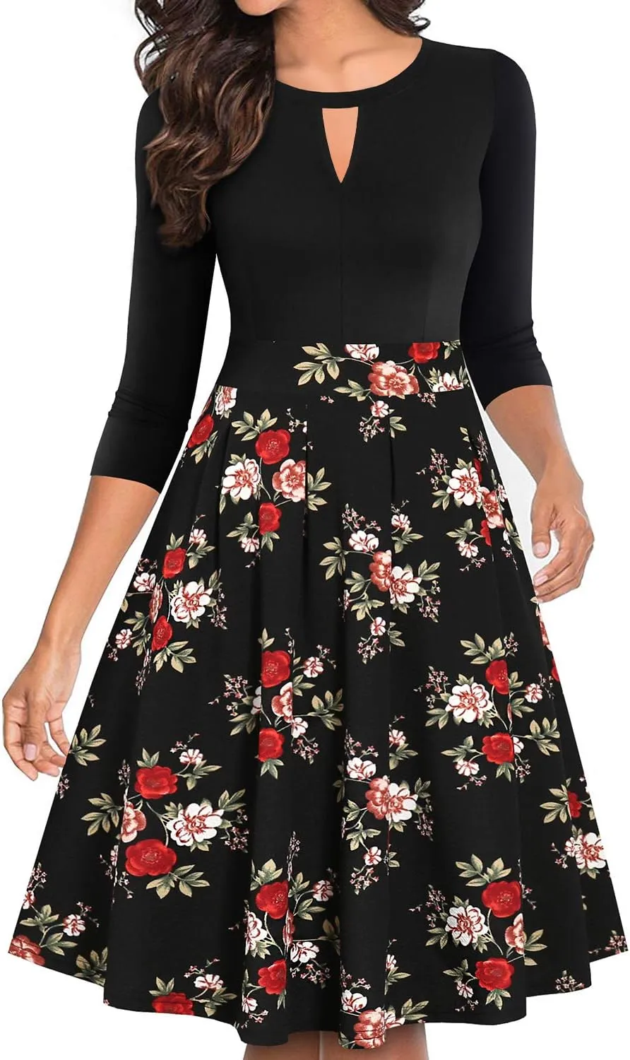 YATHON Women's Vintage Floral Flared A-Line Swing Casual Party Dresses with Pockets
