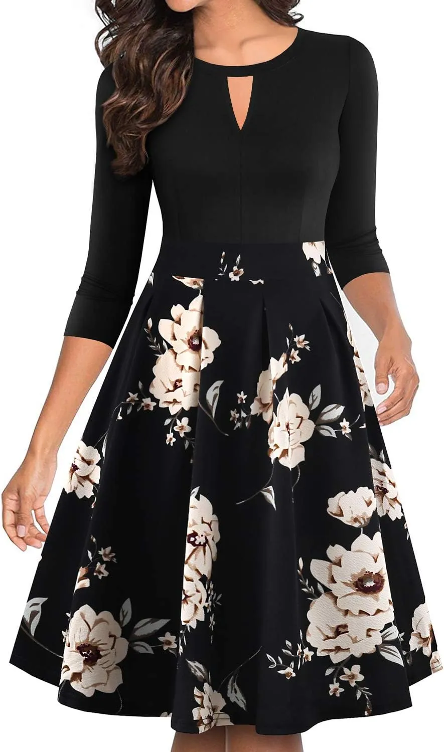 YATHON Women's Vintage Floral Flared A-Line Swing Casual Party Dresses with Pockets