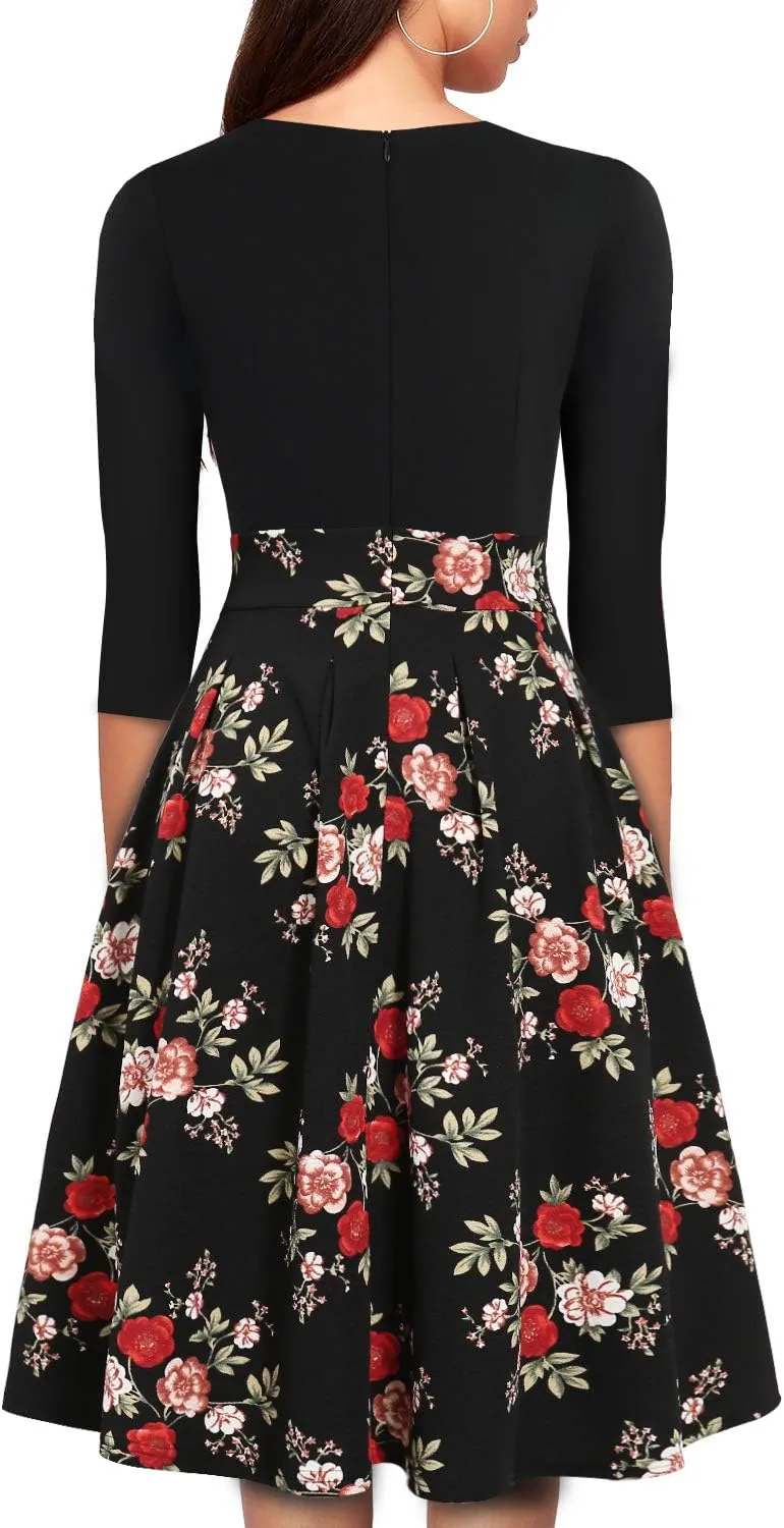 YATHON Women's Vintage Floral Flared A-Line Swing Casual Party Dresses with Pockets