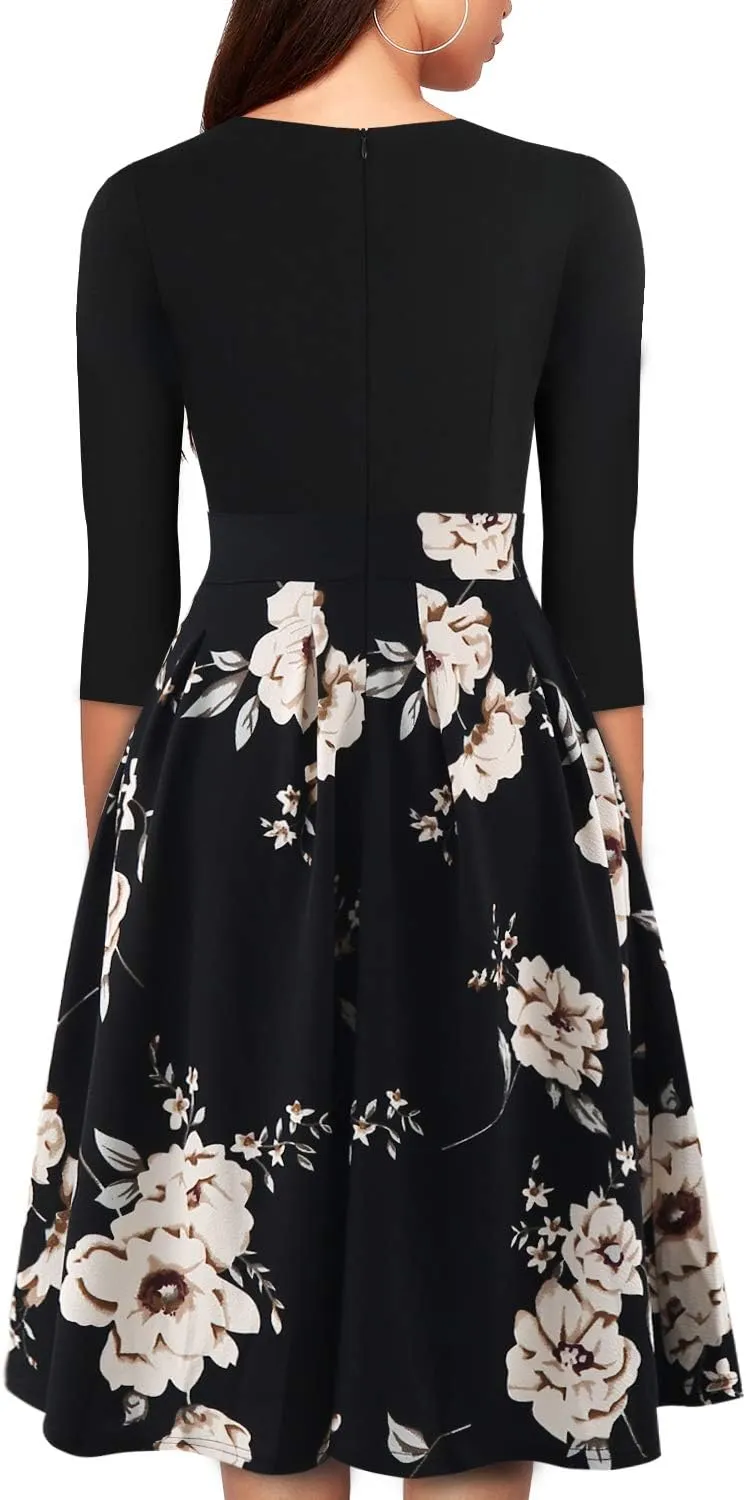 YATHON Women's Vintage Floral Flared A-Line Swing Casual Party Dresses with Pockets