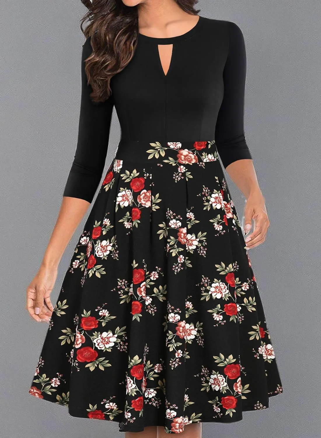 YATHON Women's Vintage Floral Flared A-Line Swing Casual Party Dresses with Pockets