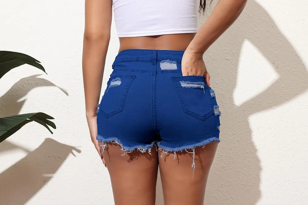 YeGine Women's Ripped Jeans Cut Up Stretchy Fringe Denim Shorts