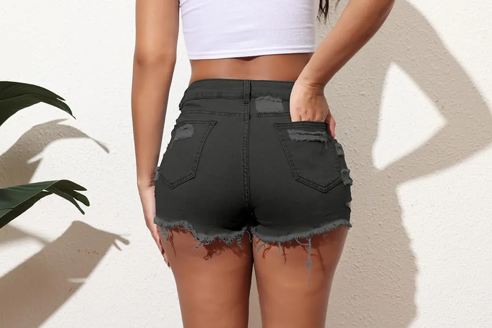 YeGine Women's Ripped Jeans Cut Up Stretchy Fringe Denim Shorts