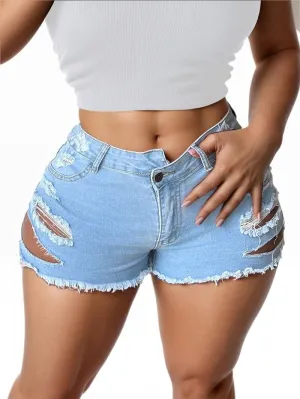 YeGine Women's Ripped Jeans Cut Up Stretchy Fringe Denim Shorts