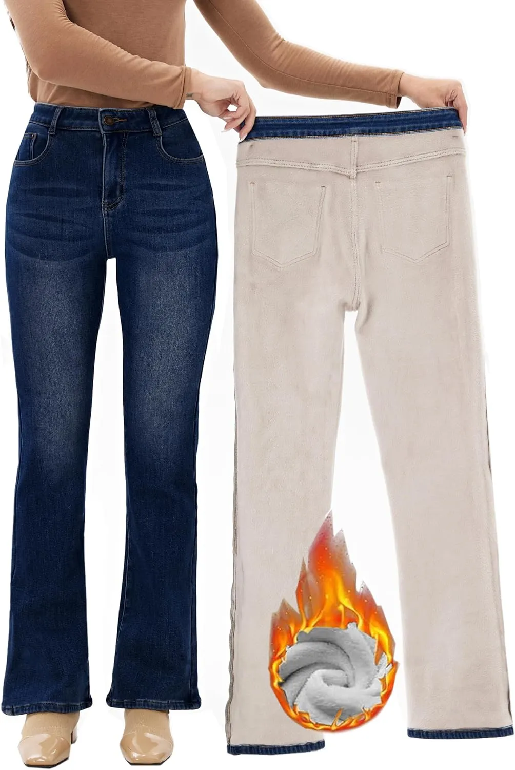 Yehopere Women's Fleece Lined Straight Flare Leg Winter Thermal Flannel Lined Jean Denim Trouser Pant