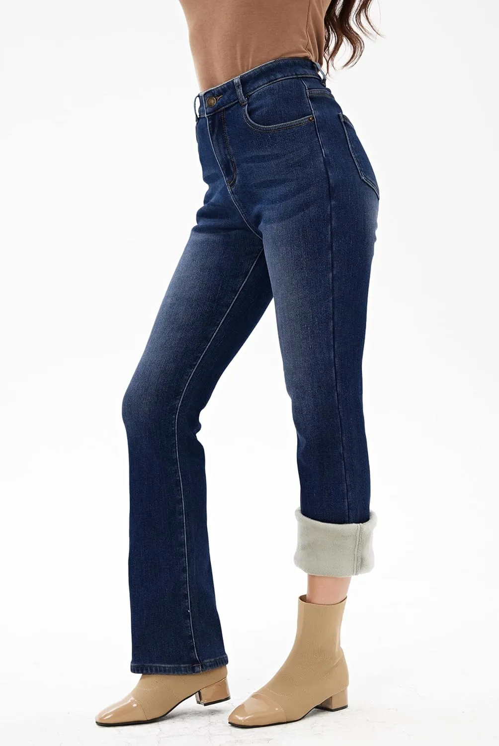 Yehopere Women's Fleece Lined Straight Flare Leg Winter Thermal Flannel Lined Jean Denim Trouser Pant