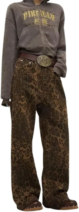 yoeasy Women's Leopard Print Vintage Straight Leg Jeans Streetwear Denim Trouser with Pockets