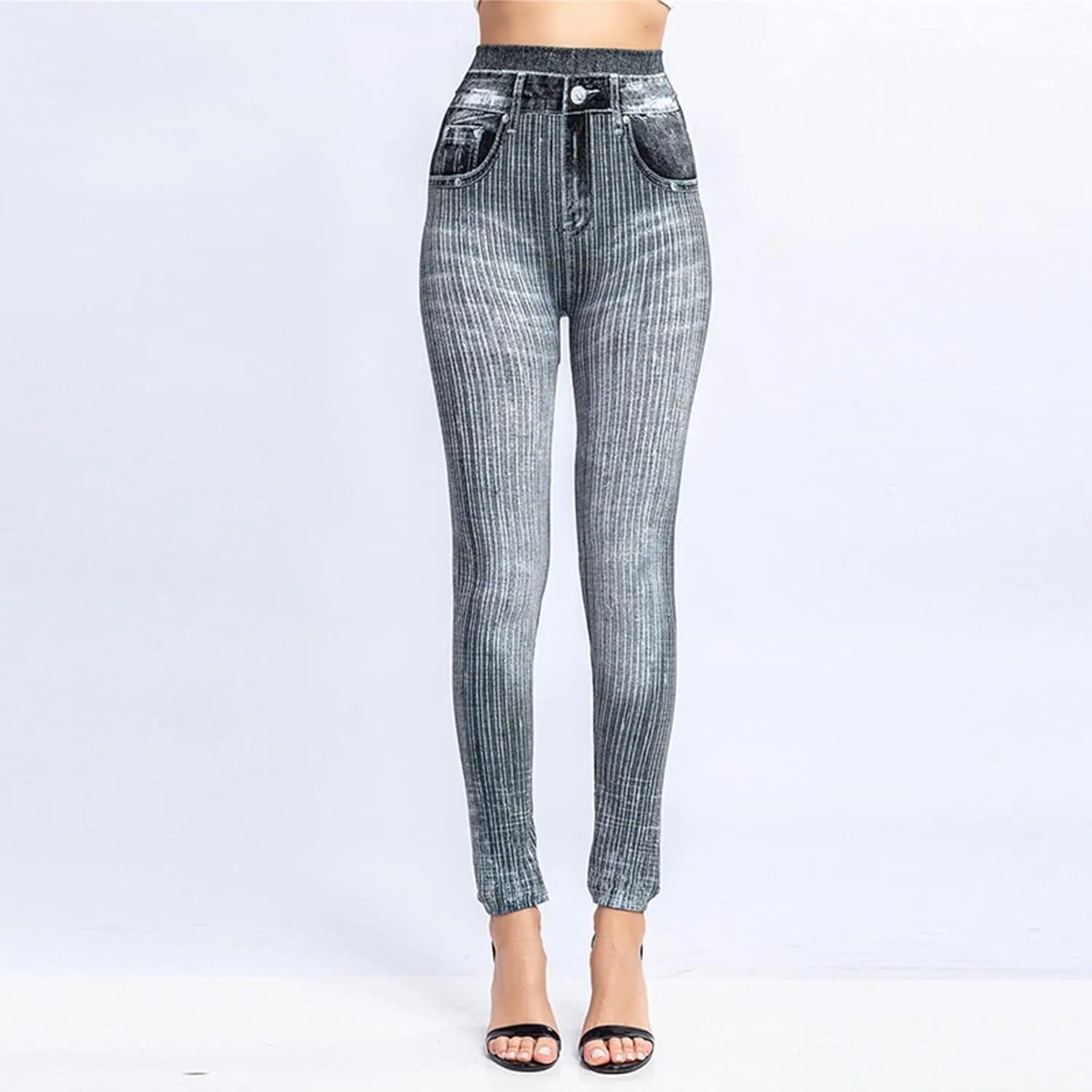Yoga Pants with Pockets for Women Crossover Stripe Print Imitation Denim Leggings Tights Hiking Pant Outfits Hip
