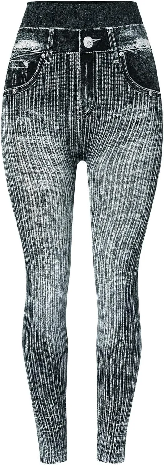 Yoga Pants with Pockets for Women Crossover Stripe Print Imitation Denim Leggings Tights Hiking Pant Outfits Hip
