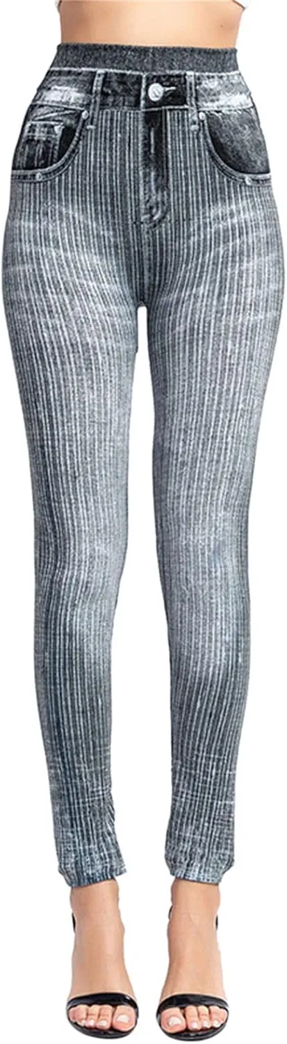 Yoga Pants with Pockets for Women Crossover Stripe Print Imitation Denim Leggings Tights Hiking Pant Outfits Hip