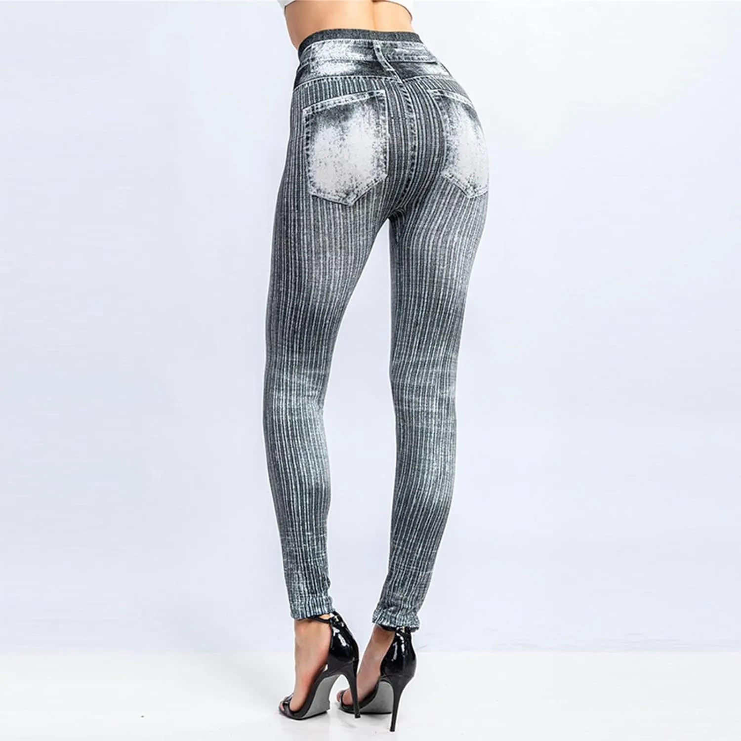 Yoga Pants with Pockets for Women Crossover Stripe Print Imitation Denim Leggings Tights Hiking Pant Outfits Hip