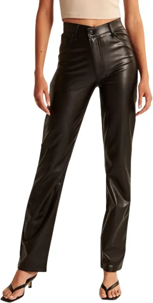 Zebaexf Women's High Waist Faux Leather Pants Straight Leg Jeans Leather Look Pants