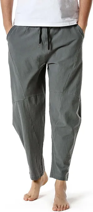 Zeiyignr Mens Cotton Linen Pants Drawstring Elastic Waist Casual Lightweight Beach Yoga Pants Joggers Gym Workout Trousers
