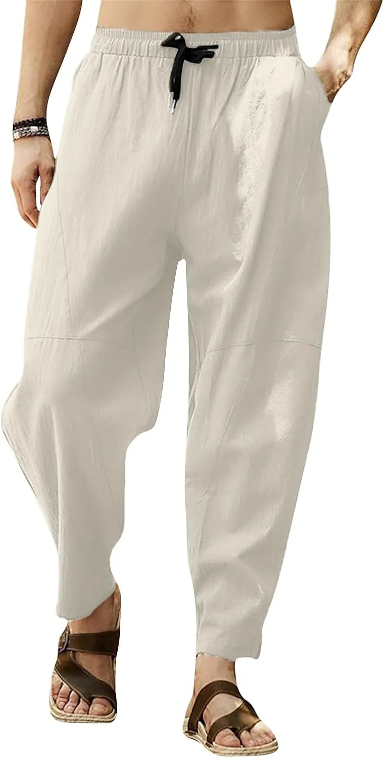 Zeiyignr Mens Linen Cotton Pants Casual Loose Fit Lightweight Elastic Waist Drawstring Beach Yoga Lounge Trousers for Men