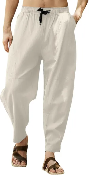 Zeiyignr Mens Linen Cotton Pants Casual Loose Fit Lightweight Elastic Waist Drawstring Beach Yoga Lounge Trousers for Men