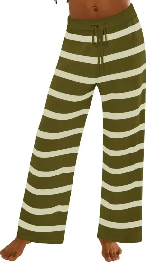 ZESICA Womens Casual Striped Wide Leg Pants Elastic Waist Drawstring Knit Loose Soft Pajama Lounge Pants Fall Clothes