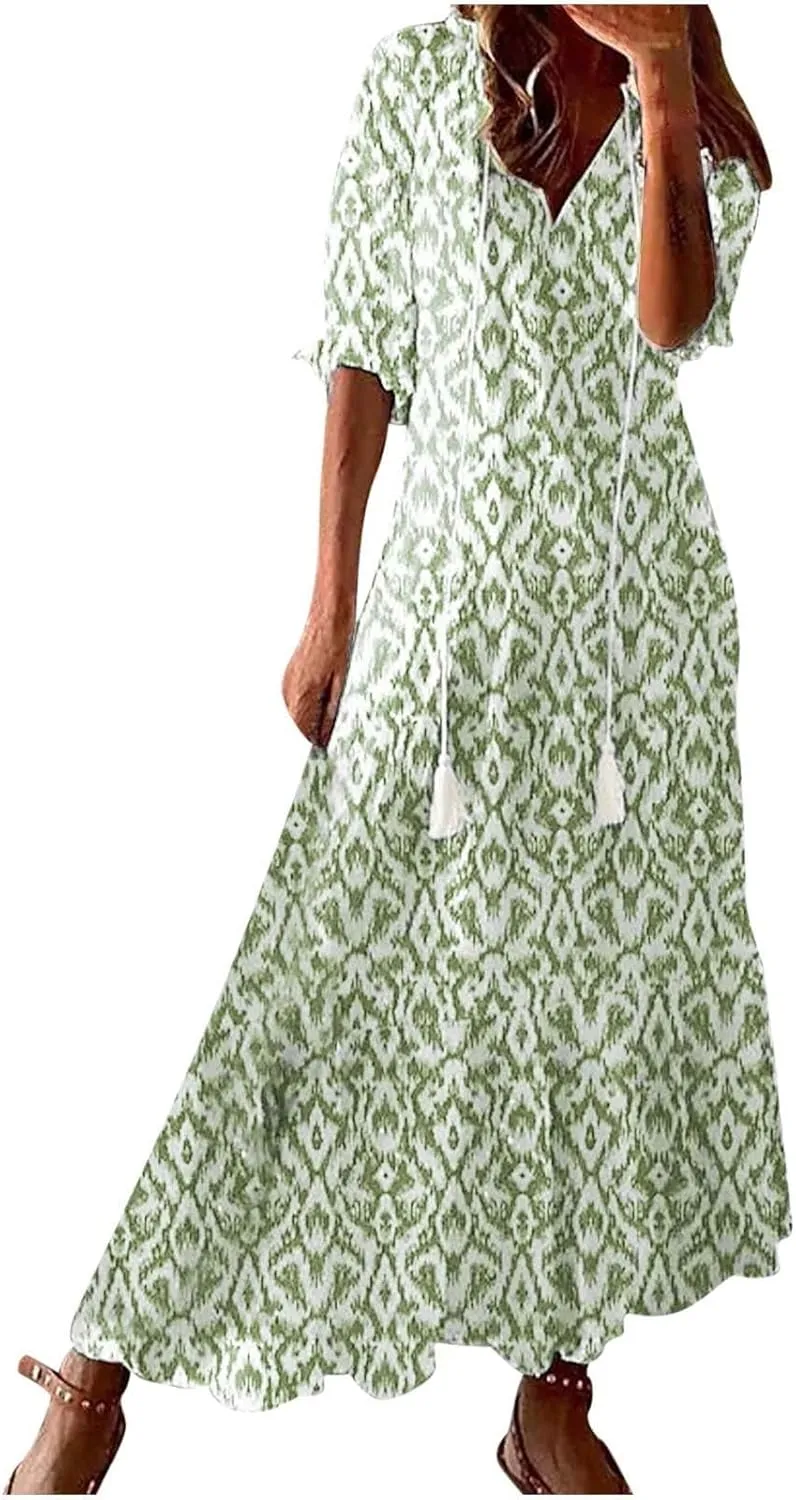 ZWRXW Women Boho Summer Dress Tassel V Neck Ruffle Flowy A-Line Maxi Dresses Short Sleeve Casual Long Dress Beach Vacation