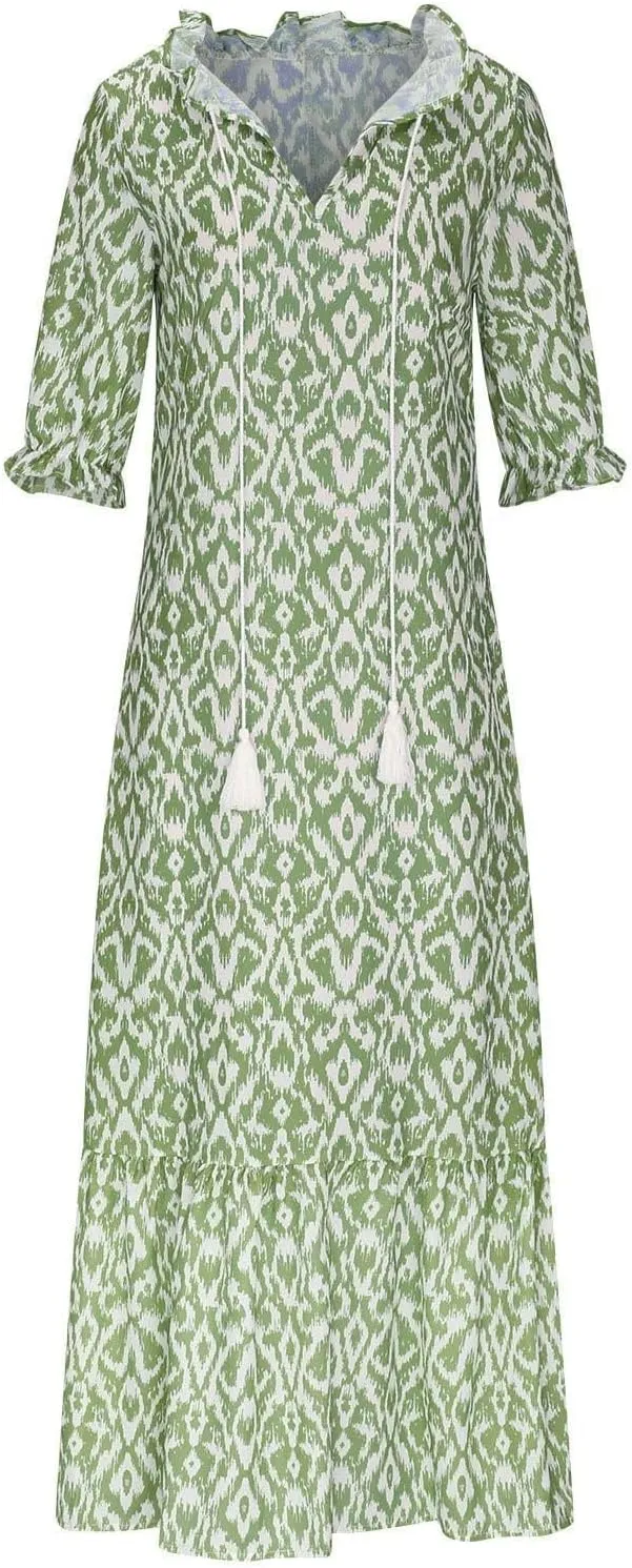 ZWRXW Women Boho Summer Dress Tassel V Neck Ruffle Flowy A-Line Maxi Dresses Short Sleeve Casual Long Dress Beach Vacation