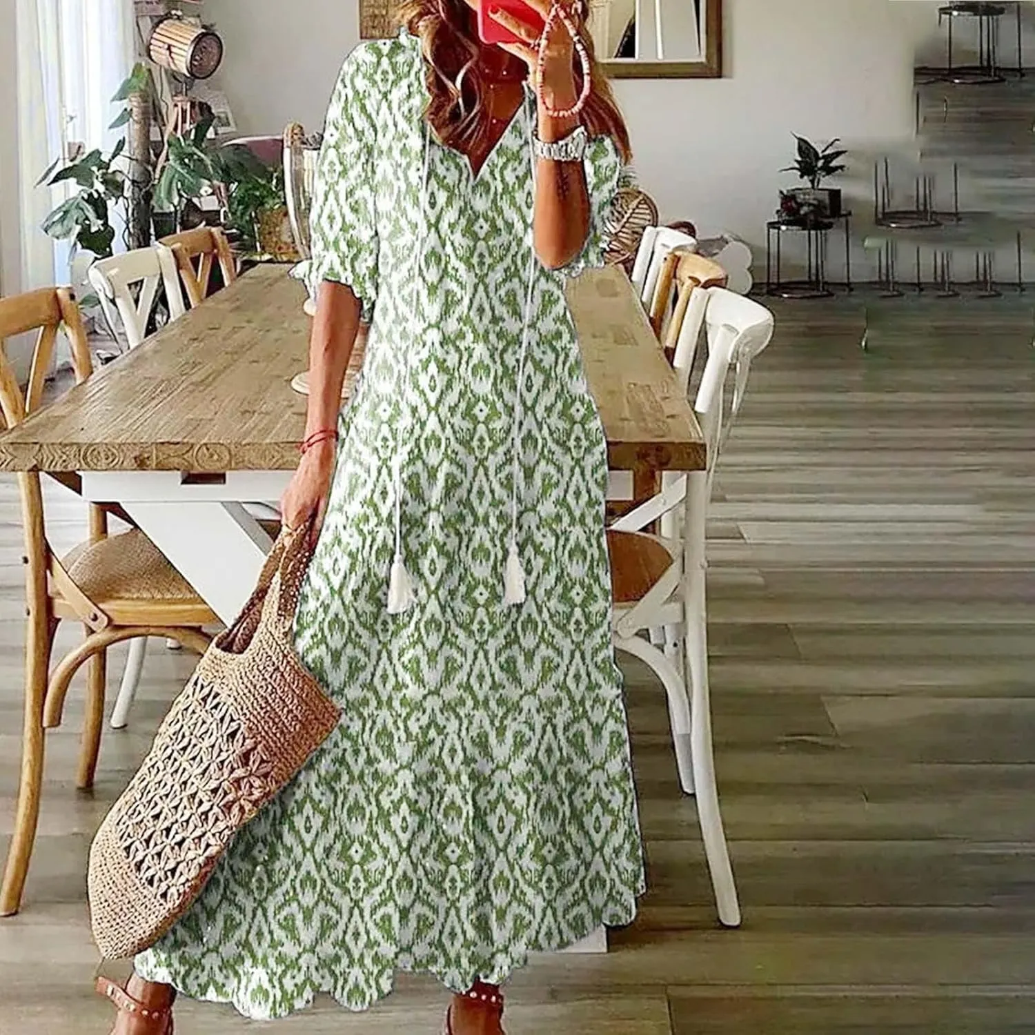 ZWRXW Women Boho Summer Dress Tassel V Neck Ruffle Flowy A-Line Maxi Dresses Short Sleeve Casual Long Dress Beach Vacation
