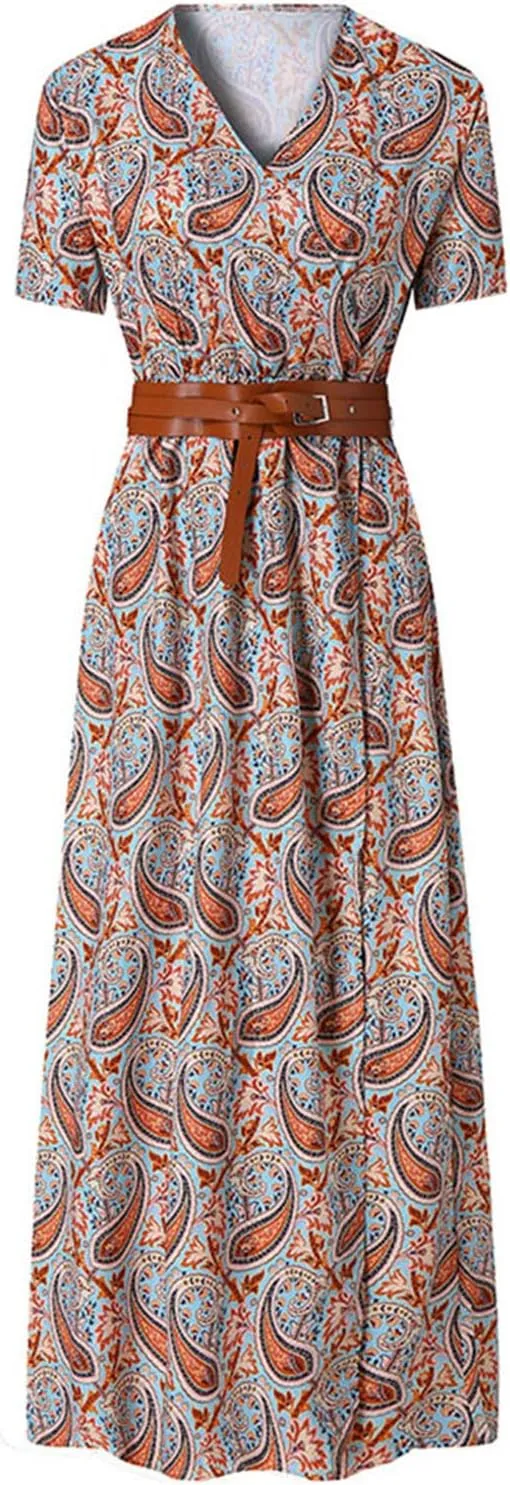 ZYXTIM Women's Summer Wrap Maxi Dress Boho Floral Flowy Casual Beach Vacation Dresses Short Sleeve Maxi Cocktail Dresses