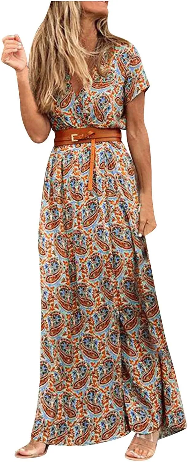 ZYXTIM Women's Summer Wrap Maxi Dress Boho Floral Flowy Casual Beach Vacation Dresses Short Sleeve Maxi Cocktail Dresses