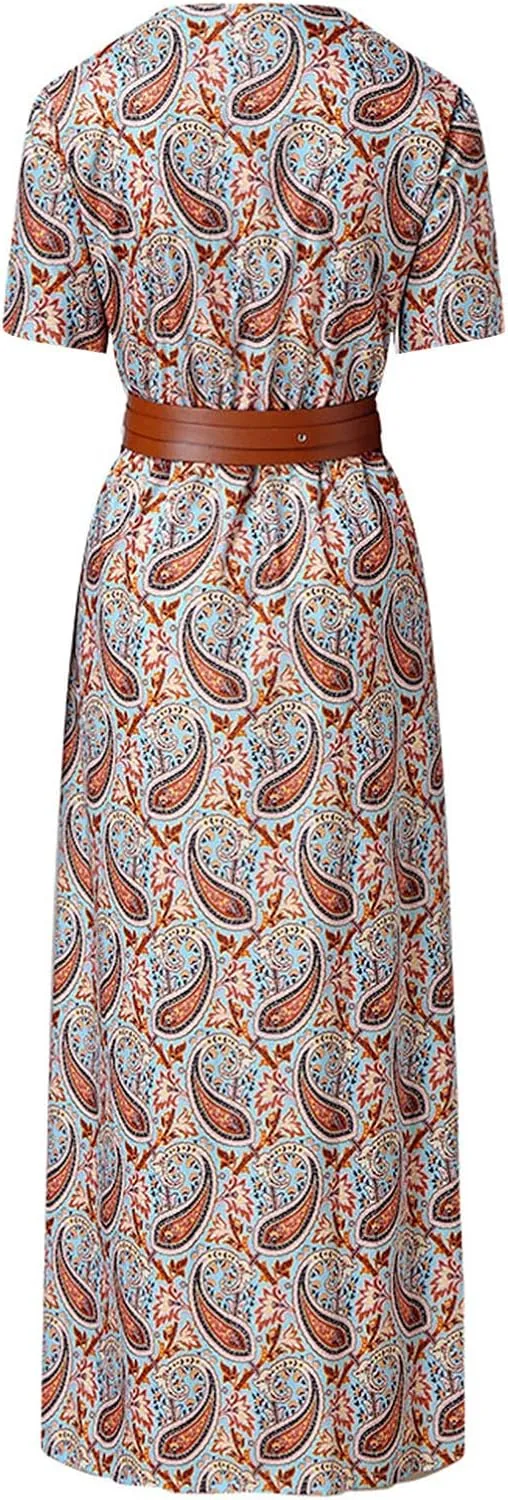 ZYXTIM Women's Summer Wrap Maxi Dress Boho Floral Flowy Casual Beach Vacation Dresses Short Sleeve Maxi Cocktail Dresses