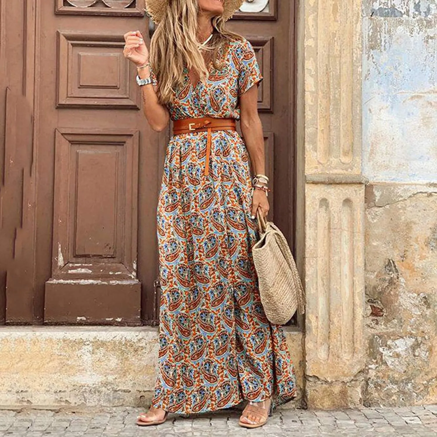 ZYXTIM Women's Summer Wrap Maxi Dress Boho Floral Flowy Casual Beach Vacation Dresses Short Sleeve Maxi Cocktail Dresses